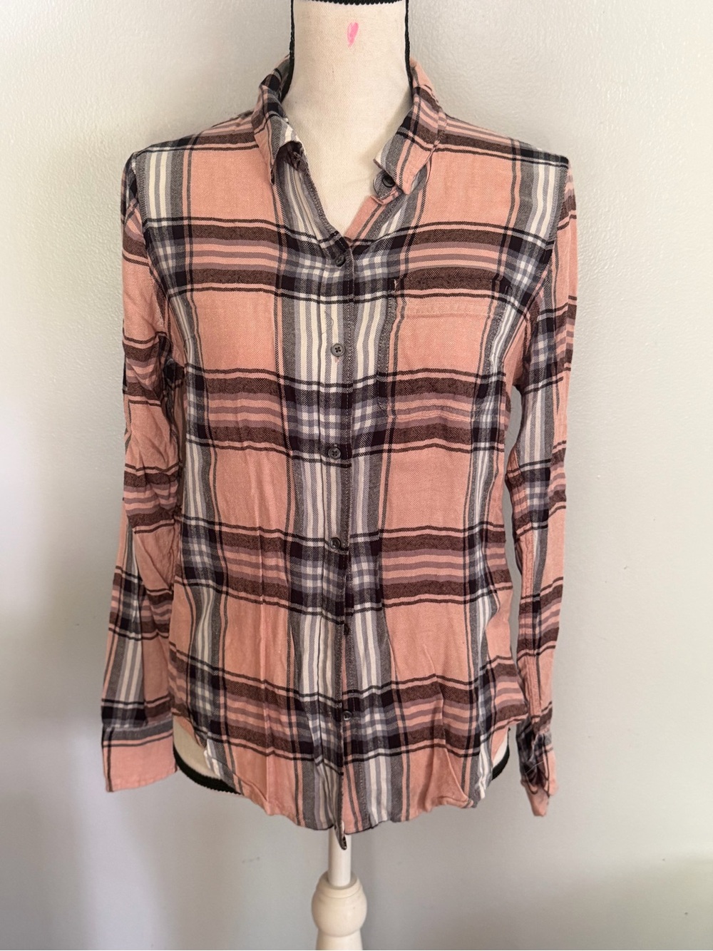 Lucky Brand Peach and Black Plaid Button-Down Shirt